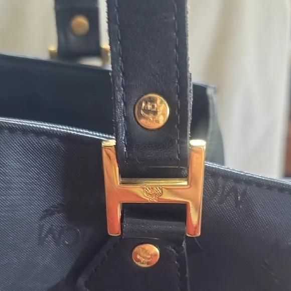 MCM Black and Gold Structured Tote with Chain Detail